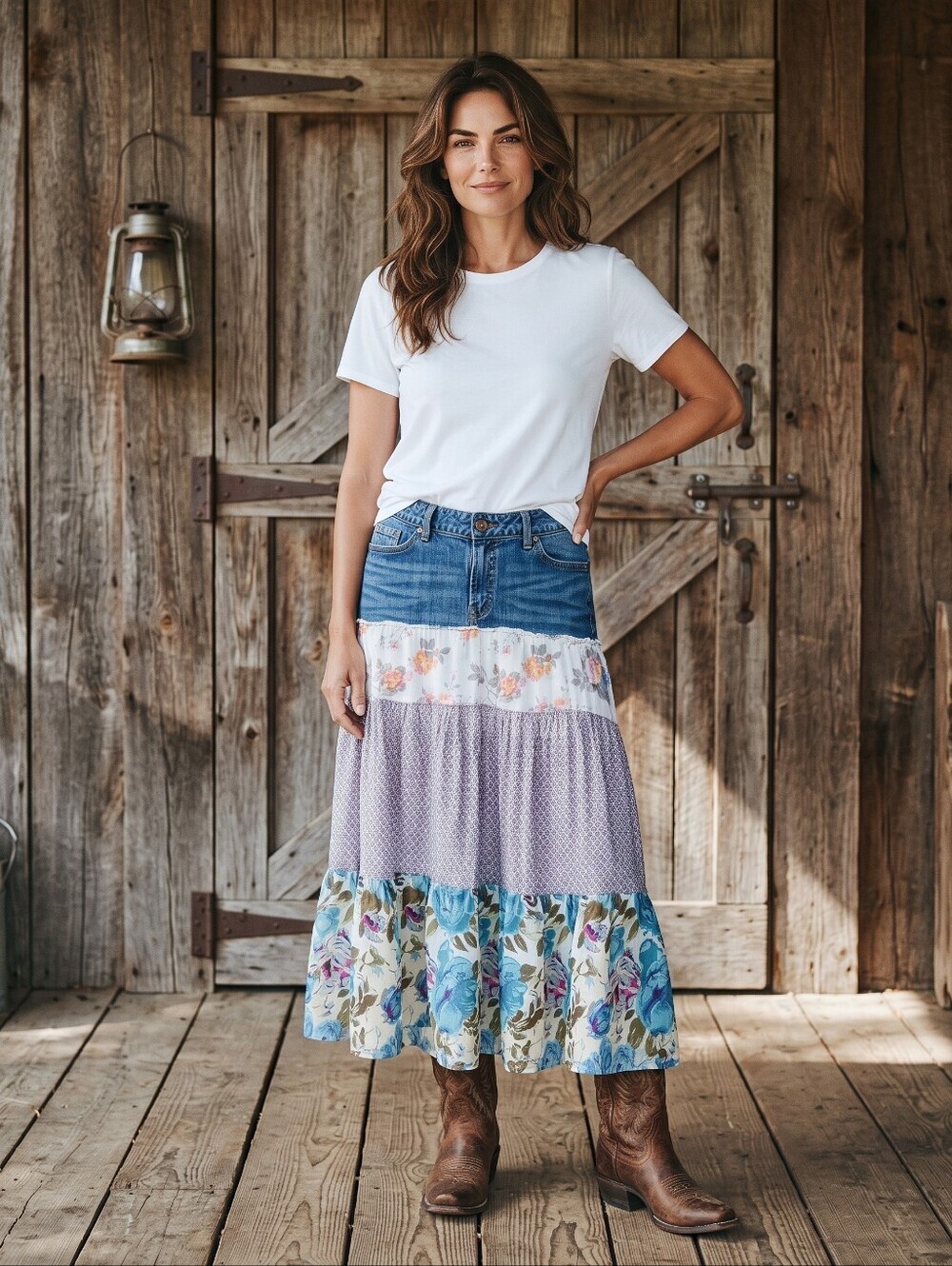 Sheryl Crow Bootheel Maxi Skirt with Denim Waist - White, Lavender & Blue Floral
